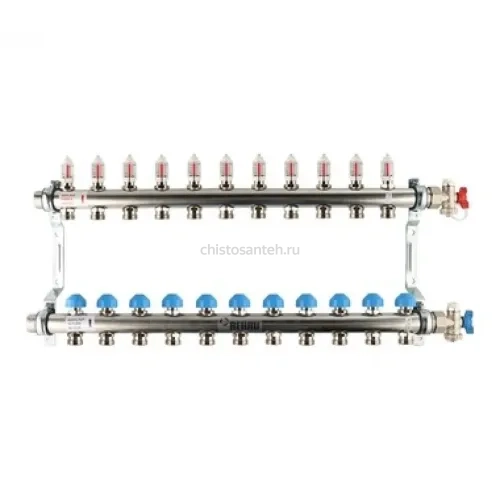 Коллекторная группа REHAU HKV-D на 11 выходов (РЕХАУ - 12081111002)1"x3/4"ЕК из нержавеющей стали с регулирующими и термостатическими вентилями и расходомерами