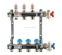 Коллекторная группа REHAU HKV-D на 3 выхода (РЕХАУ - 12080311002)1"x3/4"ЕК из нержавеющей стали с регулирующими и термостатическими вентилями и расходомерами