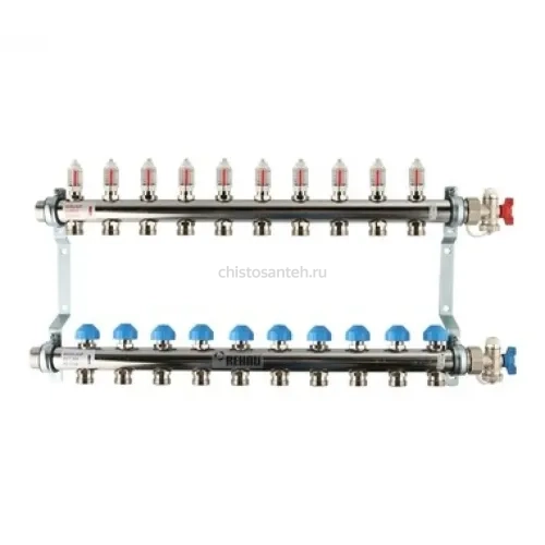 Коллекторная группа REHAU HKV-D на 10 выходов (РЕХАУ - 12081011002)1"x3/4"ЕК из нержавеющей стали с регулирующими и термостатическими вентилями и расходомерами