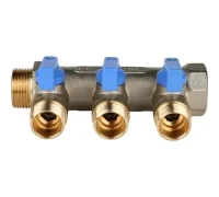 Коллектор распределительный 3/4" с запорными кранами и 3 отводами 1/2", ручки синие STOUT
