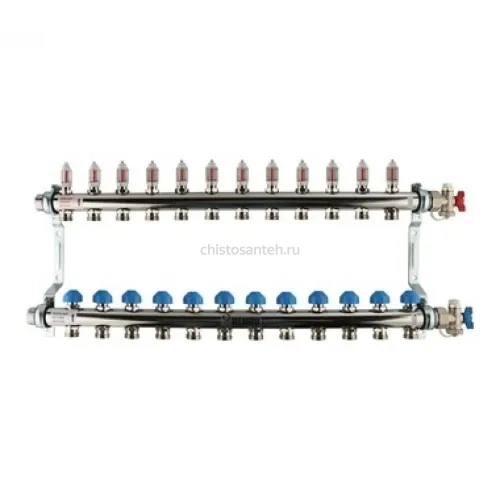 Коллекторная группа REHAU HKV-D на 12 выходов (РЕХАУ - 12081211002)1"x3/4"ЕК из нержавеющей стали с регулирующими и термостатическими вентилями и расходомерами