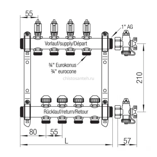 Коллекторная группа REHAU HKV-D на 10 выходов (РЕХАУ - 12081011002)1"x3/4"ЕК из нержавеющей стали с регулирующими и термостатическими вентилями и расходомерами