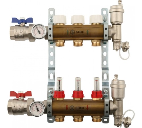 Коллекторная группа из латуни с расходомерами 3 выхода STOUT