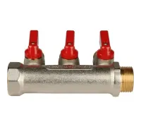 Коллектор распределительный 3/4" с запорными кранами и 3 отводами 1/2", ручки красные STOUT
