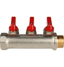 Коллектор распределительный 3/4" с запорными кранами и 3 отводами 1/2", ручки красные STOUT