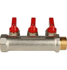 Коллектор распределительный 3/4" с запорными кранами и 3 отводами 1/2", ручки красные STOUT