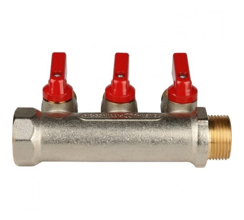 Коллектор распределительный 3/4" с запорными кранами и 3 отводами 1/2", ручки красные STOUT