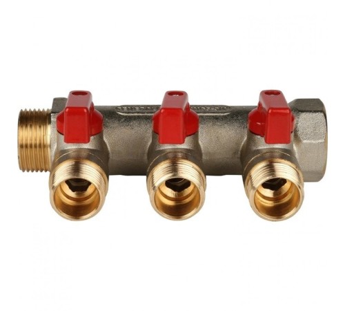 Коллектор распределительный 3/4" с запорными кранами и 3 отводами 1/2", ручки красные STOUT