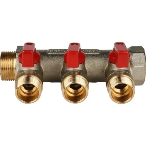 Коллектор распределительный 3/4" с запорными кранами и 3 отводами 1/2", ручки красные STOUT