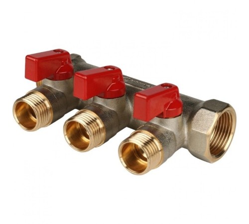 Коллектор распределительный 3/4" с запорными кранами и 3 отводами 1/2", ручки красные STOUT