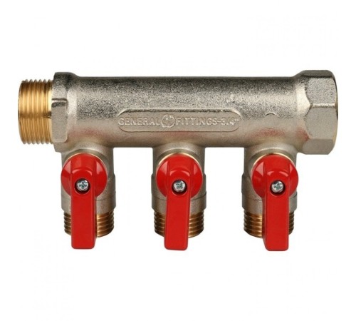 Коллектор распределительный 3/4" с запорными кранами и 3 отводами 1/2", ручки красные STOUT