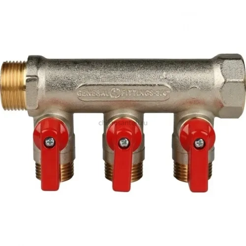 Коллектор распределительный 3/4" с запорными кранами и 3 отводами 1/2", ручки красные STOUT