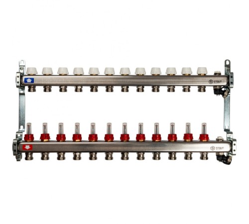 Коллекторная группа с запорными кранами из нержавеющей стали с расходомерами на 12 выходов STOUT
