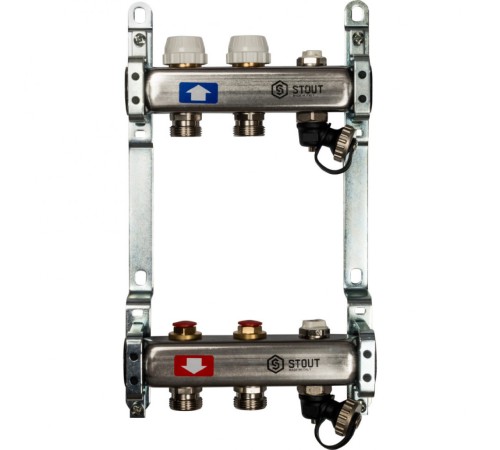 Коллекторная группа из нержавеющей стали без расходомеров, с клапаном выпуска воздуха и сливом на 2 выхода STOUT