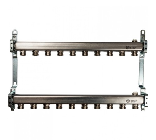 Коллекторная группа из нержавеющей стали для радиаторной разводки без расходомеров на 10 выходов STOUT