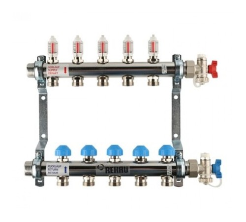 Коллекторная группа REHAU HKV-D на 5 выходов (РЕХАУ - 12080511002)1"x3/4"ЕК из нержавеющей стали с регулирующими и термостатическими вентилями и расходомерами Коллекторная группа REHAU HKV-D на 5 выходов (РЕХАУ - 12080511002)1"x3/4"ЕК из нержавеющей стали с регулирующими и термостатическими вентилями и расходомерами