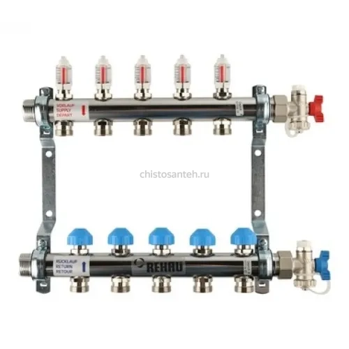 Коллекторная группа REHAU HKV-D на 5 выходов (РЕХАУ - 12080511002)1"x3/4"ЕК из нержавеющей стали с регулирующими и термостатическими вентилями и расходомерами