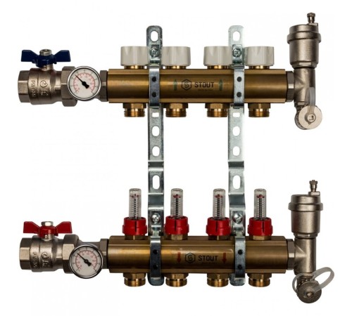 Коллекторная группа из латуни с расходомерами 4 выхода STOUT