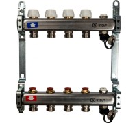 Коллекторная группа из нержавеющей стали без расходомеров, с клапаном выпуска воздуха и сливом на 4 выхода STOUT