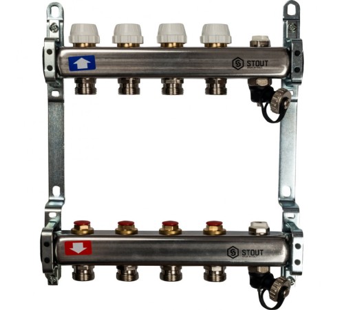 Коллекторная группа из нержавеющей стали без расходомеров, с клапаном выпуска воздуха и сливом на 4 выхода STOUT