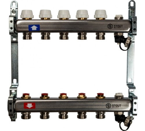 Коллекторная группа из нержавеющей стали без расходомеров, с клапаном выпуска воздуха и сливом на 5 выходов STOUT