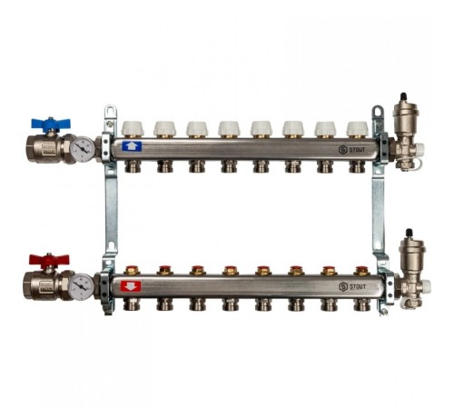 Коллекторная группа в сборе из нержавеющей стали без расходомеров на 8 выходов STOUT