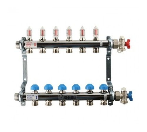Коллекторная группа REHAU HKV-D на 6 выходов (РЕХАУ - 12080611002)1"x3/4"ЕК из нержавеющей стали с регулирующими и термостатическими вентилями и расходомерами Коллекторная группа REHAU HKV-D на 6 выходов (РЕХАУ - 12080611002)1"x3/4"ЕК из нержавеющей стали с регулирующими и термостатическими вентилями и расходомерами