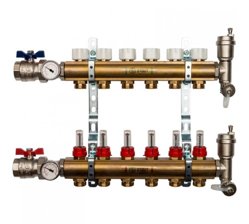 Коллекторная группа из латуни с расходомерами 6 выходов STOUT