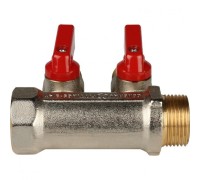 Коллектор распределительный 3/4" с запорными кранами и 2 отводами 1/2", ручки красные STOUT