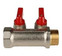 Коллектор распределительный 3/4" с запорными кранами и 2 отводами 1/2", ручки красные STOUT