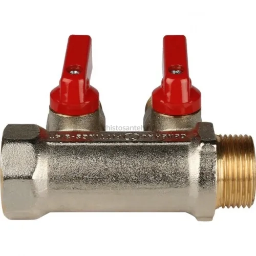 Коллектор распределительный 3/4" с запорными кранами и 2 отводами 1/2", ручки красные STOUT