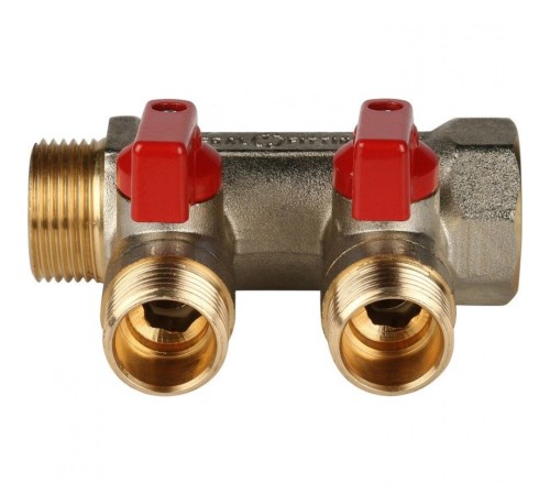 Коллектор распределительный 3/4" с запорными кранами и 2 отводами 1/2", ручки красные STOUT