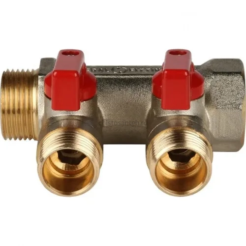 Коллектор распределительный 3/4" с запорными кранами и 2 отводами 1/2", ручки красные STOUT