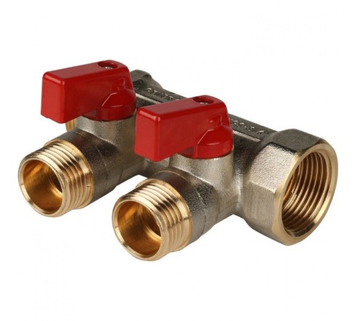 Коллектор распределительный 3/4" с запорными кранами и 2 отводами 1/2", ручки красные STOUT