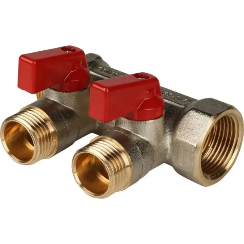 Коллектор распределительный 3/4" с запорными кранами и 2 отводами 1/2", ручки красные STOUT
