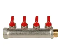 Коллектор распределительный 3/4" с запорными кранами и 4 отводами 1/2", ручки красные STOUT