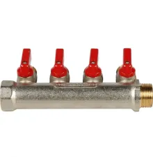 Коллектор распределительный 3/4" с запорными кранами и 4 отводами 1/2", ручки красные STOUT