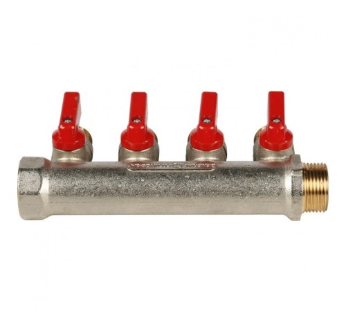 Коллектор распределительный 3/4" с запорными кранами и 4 отводами 1/2", ручки красные STOUT