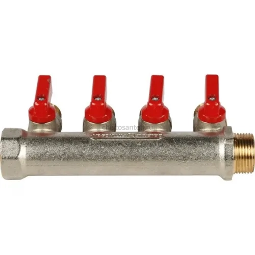 Коллектор распределительный 3/4" с запорными кранами и 4 отводами 1/2", ручки красные STOUT