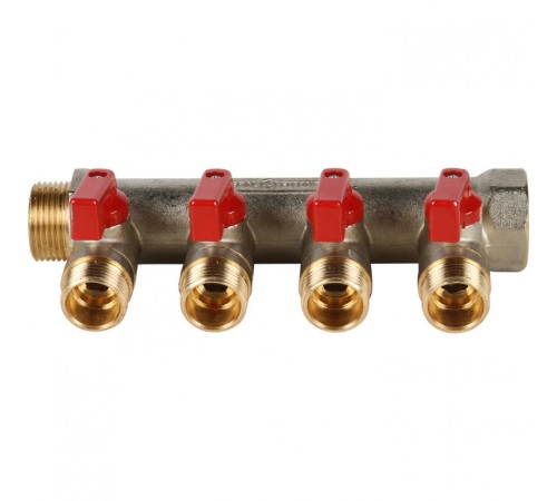 Коллектор распределительный 3/4" с запорными кранами и 4 отводами 1/2", ручки красные STOUT