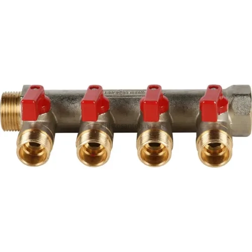 Коллектор распределительный 3/4" с запорными кранами и 4 отводами 1/2", ручки красные STOUT