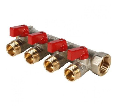 Коллектор распределительный 3/4" с запорными кранами и 4 отводами 1/2", ручки красные STOUT