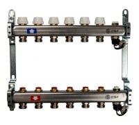 Коллекторная группа из нержавеющей стали без расходомеров, с клапаном выпуска воздуха и сливом на 6 выходов STOUT