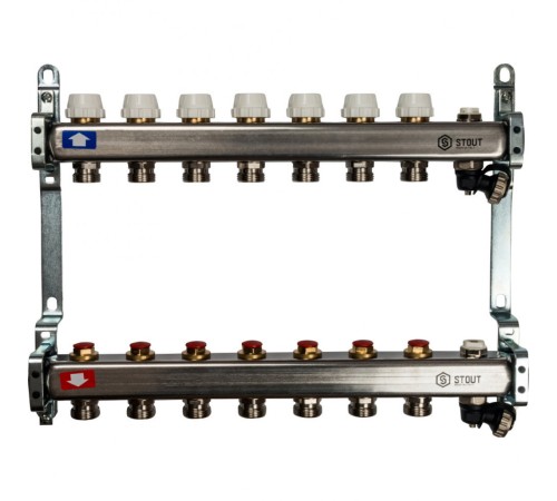 Коллекторная группа из нержавеющей стали без расходомеров, с клапаном выпуска воздуха и сливом на 7 выходов STOUT