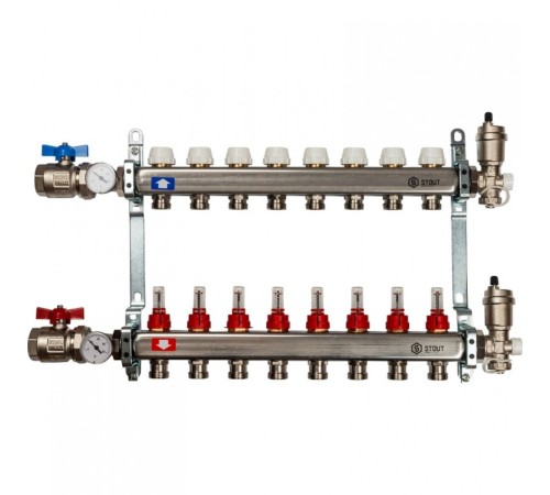 Коллекторная группа в сборе из нержавеющей стали с расходомерами на 8 выходов STOUT