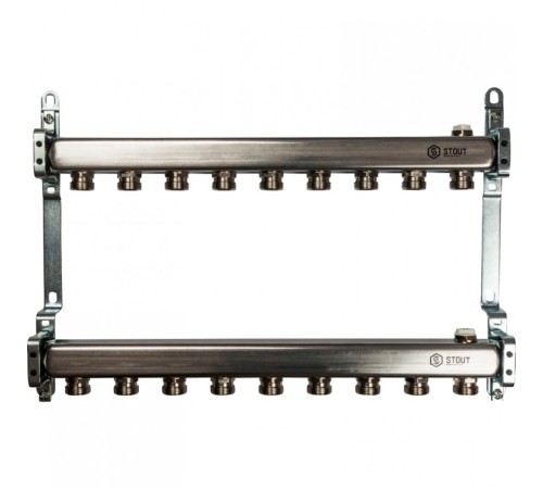 Коллекторная группа из нержавеющей стали для радиаторной разводки без расходомеров на 9 выходов STOUT