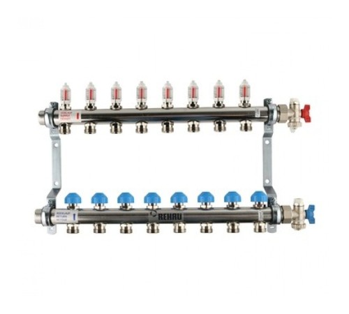 Коллекторная группа REHAU HKV-D на 8 выходов (РЕХАУ - 12080811002)1"x3/4"ЕК из нержавеющей стали с регулирующими и термостатическими вентилями и расходомерами Коллекторная группа REHAU HKV-D на 8 выходов (РЕХАУ - 12080811002)1"x3/4"ЕК из нержавеющей стали с регулирующими и термостатическими вентилями и расходомерами