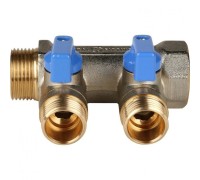 Коллектор распределительный 3/4" с запорными кранами и 2 отводами 1/2", ручки синие STOUT
