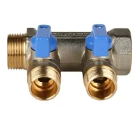Коллектор распределительный 3/4" с запорными кранами и 2 отводами 1/2", ручки синие STOUT