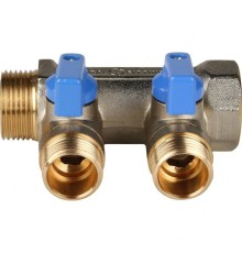 Коллектор распределительный 3/4" с запорными кранами и 2 отводами 1/2", ручки синие STOUT
